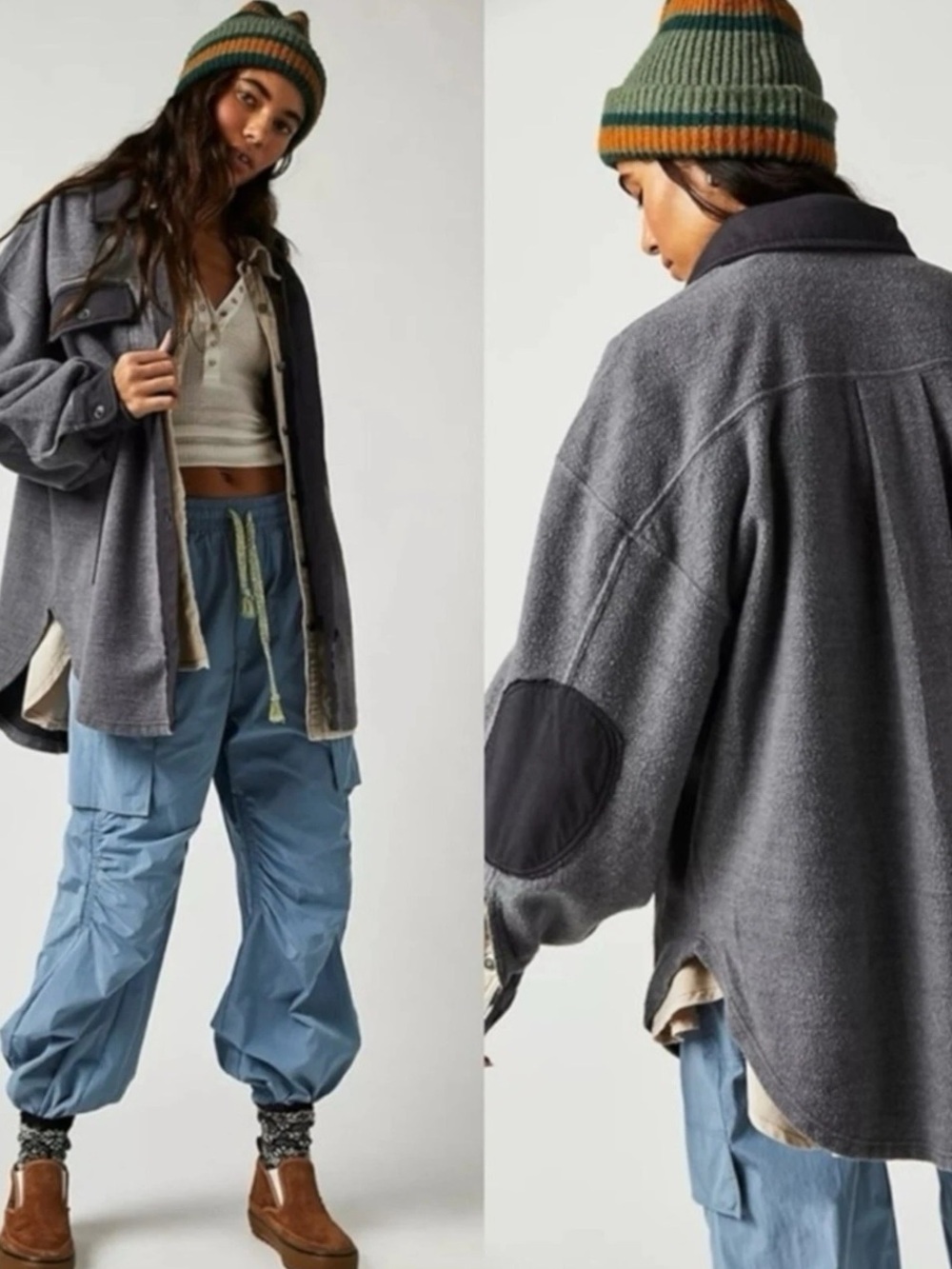 Free People Ruby Jacket Oversized Shacket Elbow Patch Grunge 90s Gray
